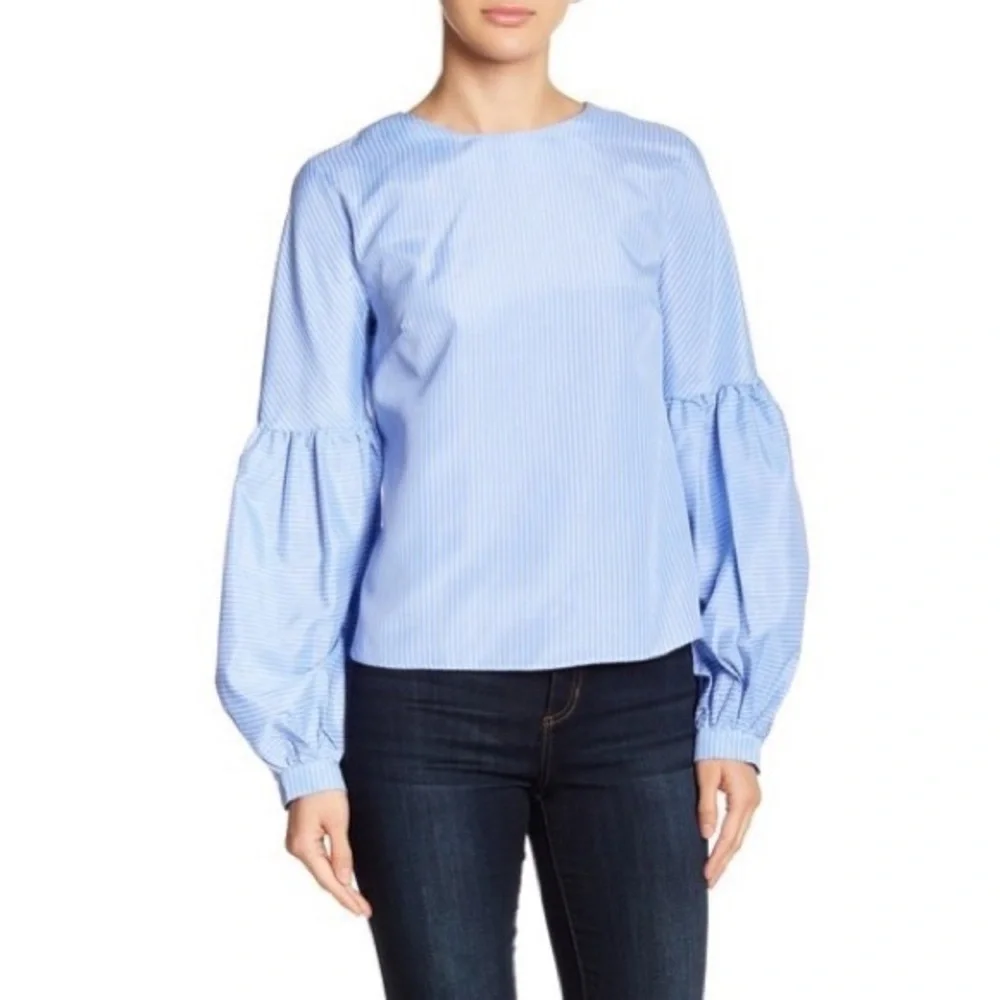 NWT LOFT Shirt Puff Sleeve Ruched Pinstripe Blouse